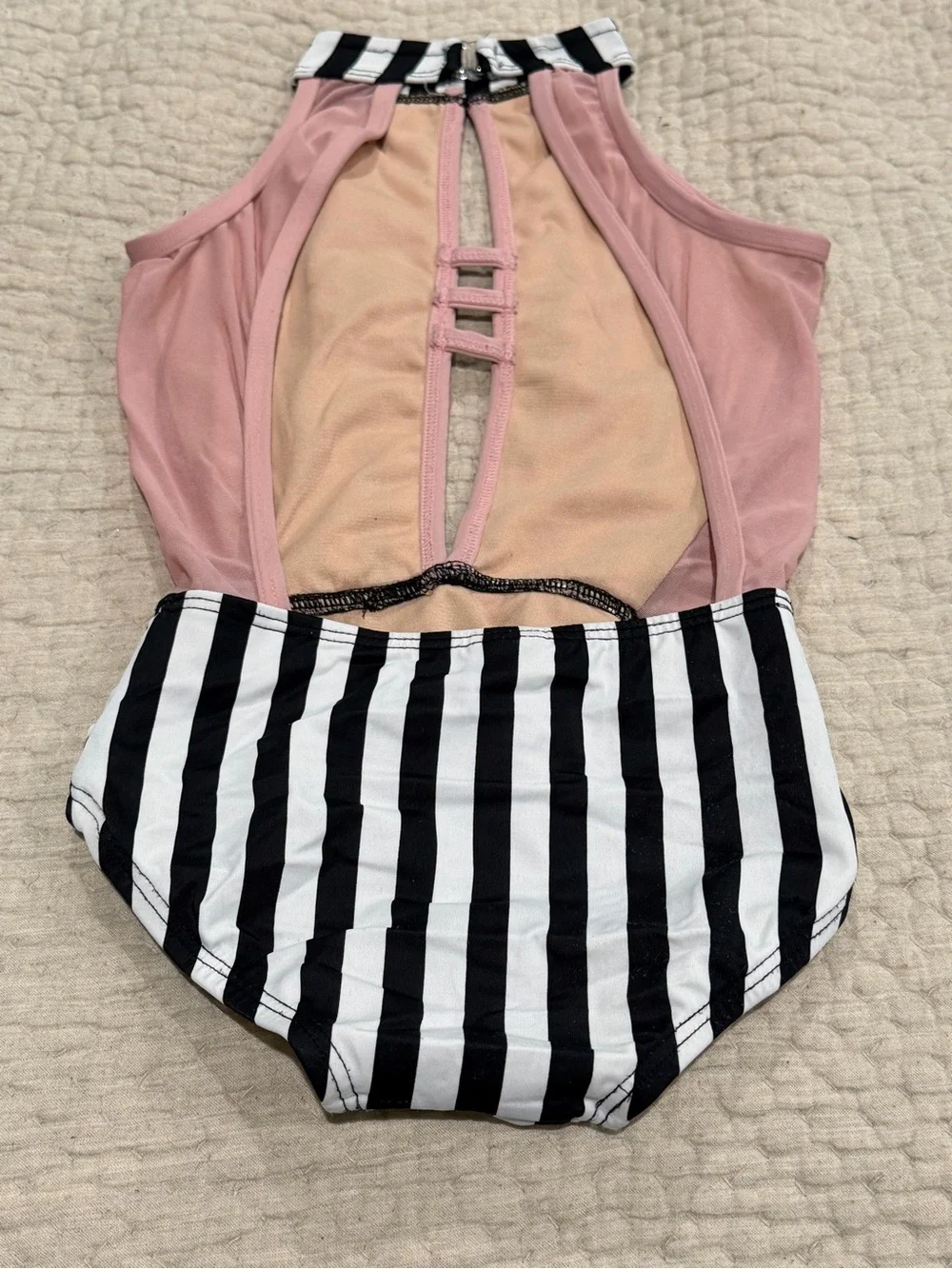Kandi Kouture CM Black White Stripe Pink Mesh Dance Leotard